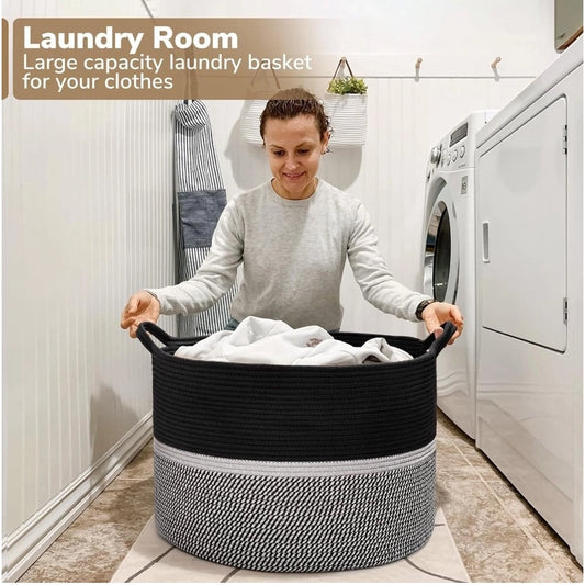 Amfyn Cotton Dori 16x14 Inch Storage Basket For Clothes With Out Lid (Black-Black-White)