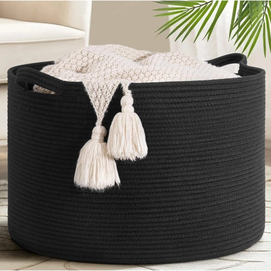 Amfyn Cotton Basket 14x12 Inch Storage Basket For Clothes With Out Lid (Black)
