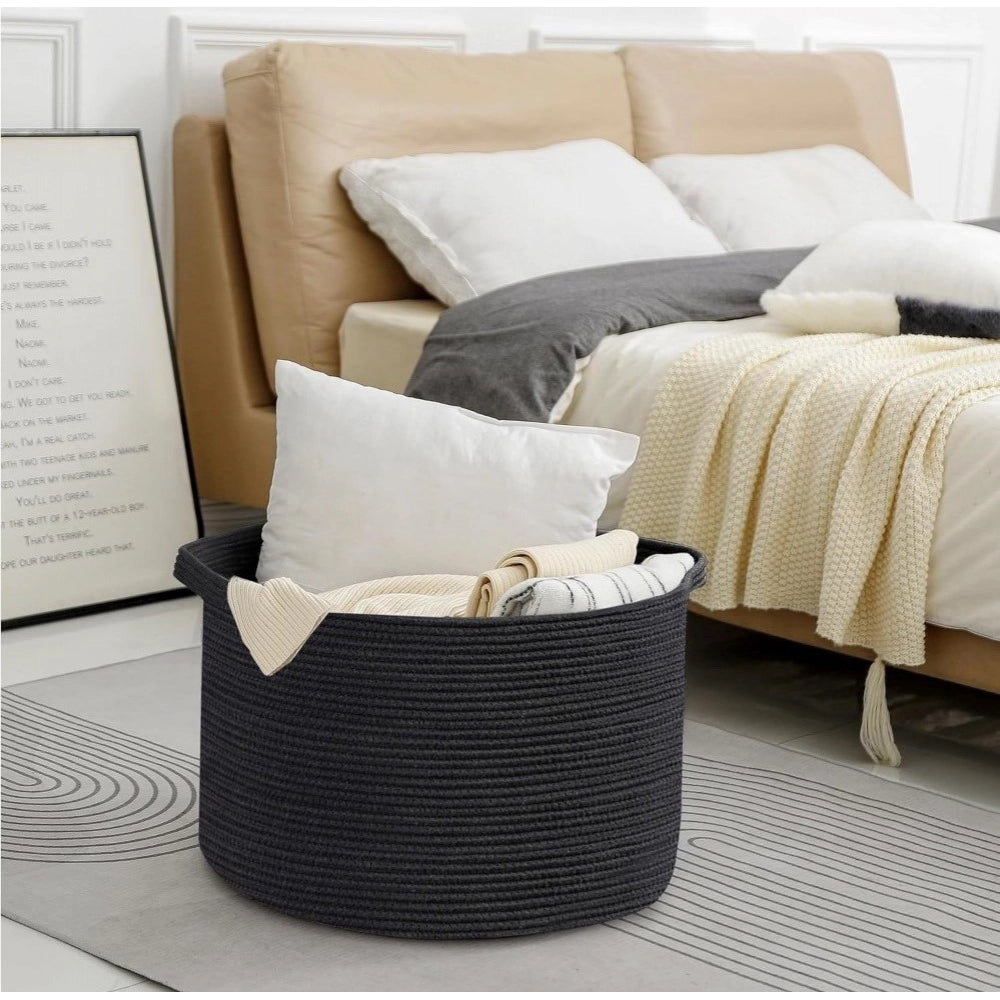 Amfyn Cotton Pack Of_1 14x12 Inch Storage Basket For Clothes With Out Lid (Black)