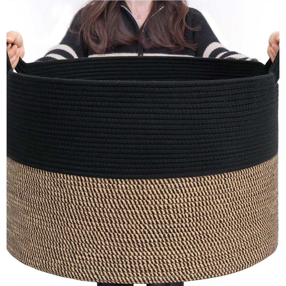 Amfyn Cotton Pack Of_1 16x14 Inch Storage Basket For Clothes With Out Lid (Black-Beige-Black)