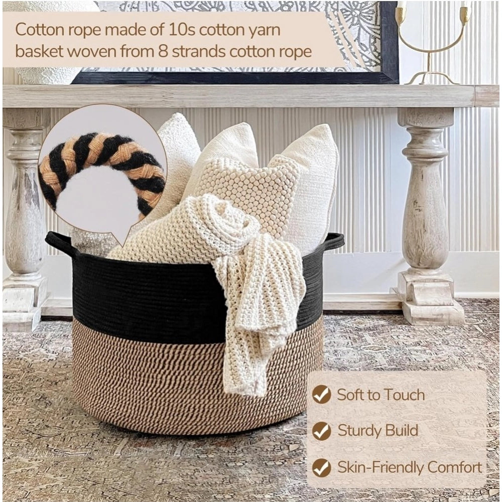 Amfyn Cotton Pack Of_1 16x14 Inch Storage Basket For Clothes With Out Lid (Black-Beige-Black)