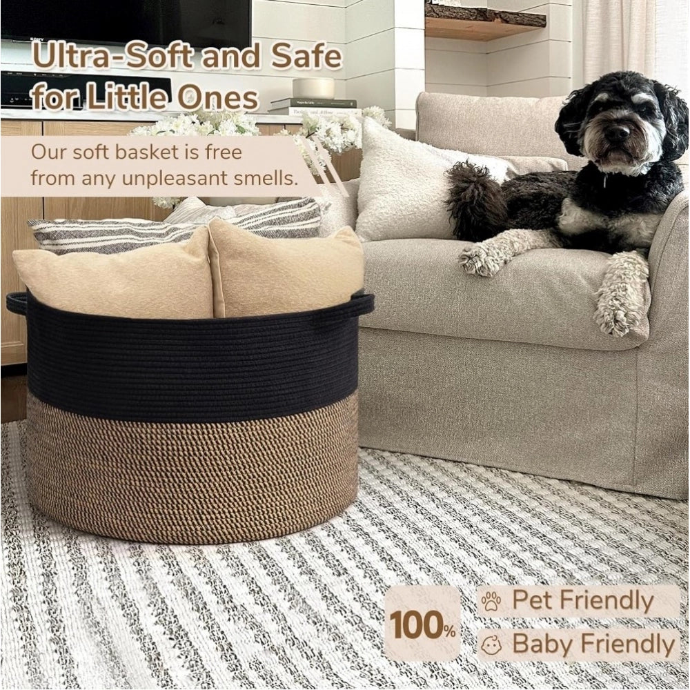 Amfyn Cotton Pack Of_1 16x14 Inch Storage Basket For Clothes With Out Lid (Black-Beige-Black)