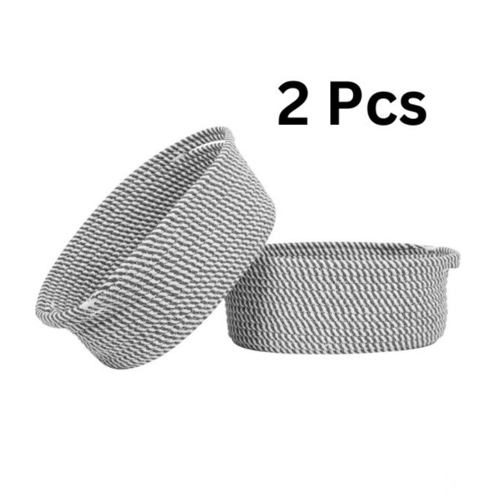 Amfyn Cotton 10x7x4 Inch 2 Pcs Oval Storage Basket For Clothes (Grey)