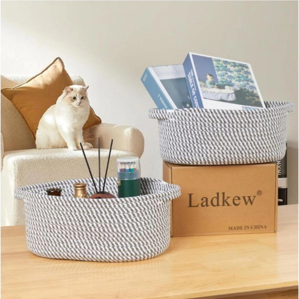 Amfyn Cotton 10x7x4 Inch 2 Pcs Oval Storage Basket For Clothes (Grey)