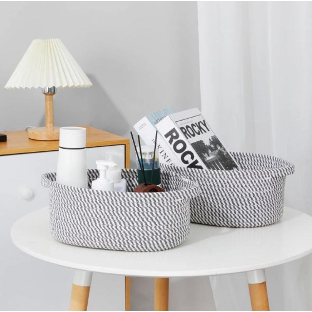 Amfyn Cotton 10x7x4 Inch 2 Pcs Oval Storage Basket For Clothes (Grey)