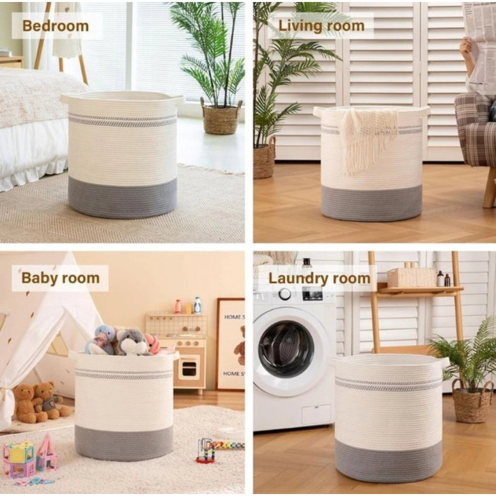 Amfyn Cotton Pack Of_1 12x14 Inch Storage Basket For Clothes (Grey-White)