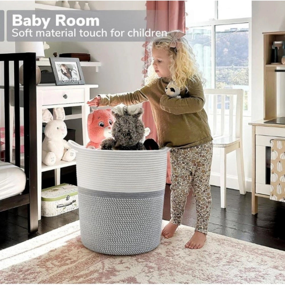 Amfyn Cotton Pack Of_1 12x14 Inch Storage Basket For Clothes (Grey-White)
