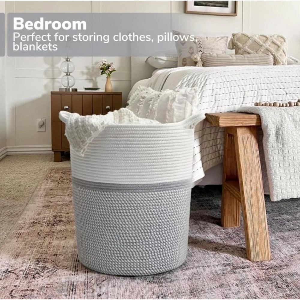Amfyn Cotton Pack Of_1 12x14 Inch Storage Basket For Clothes (Grey-White)