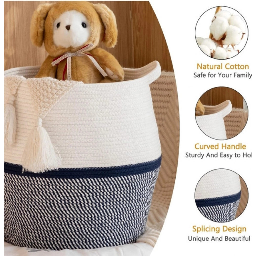 Amfyn Cotton Matka 14x12 Inch Storage Basket For Clothes With Out Lid (Gray-White)