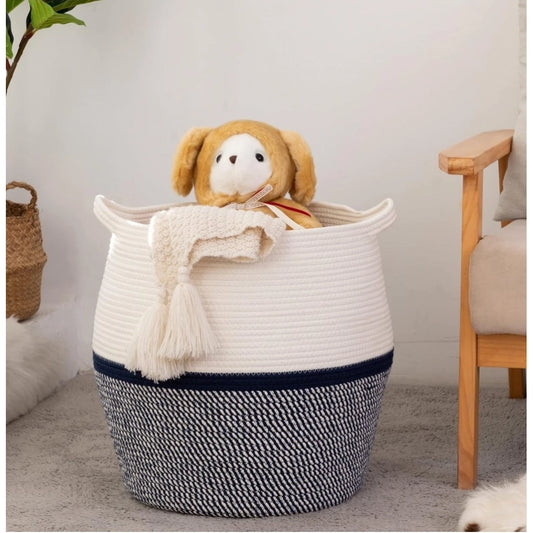 Amfyn Cotton Matka 14x12 Inch Storage Basket For Clothes With Out Lid (Gray-White)