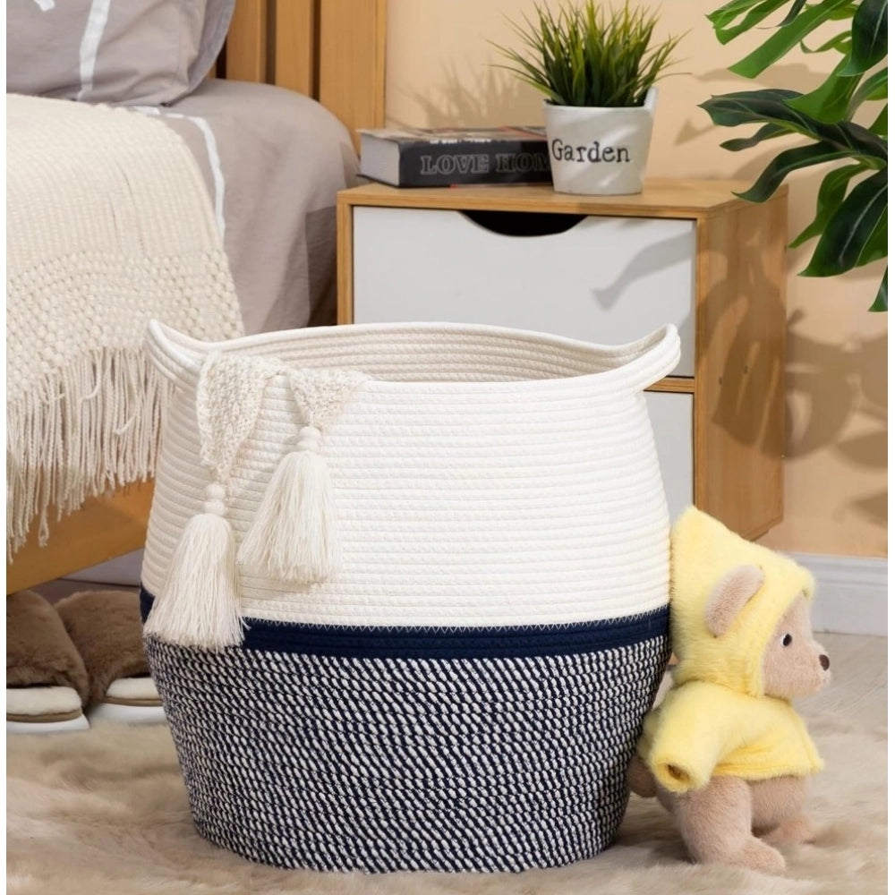 Amfyn Cotton Matka 14x12 Inch Storage Basket For Clothes With Out Lid (Gray-White)