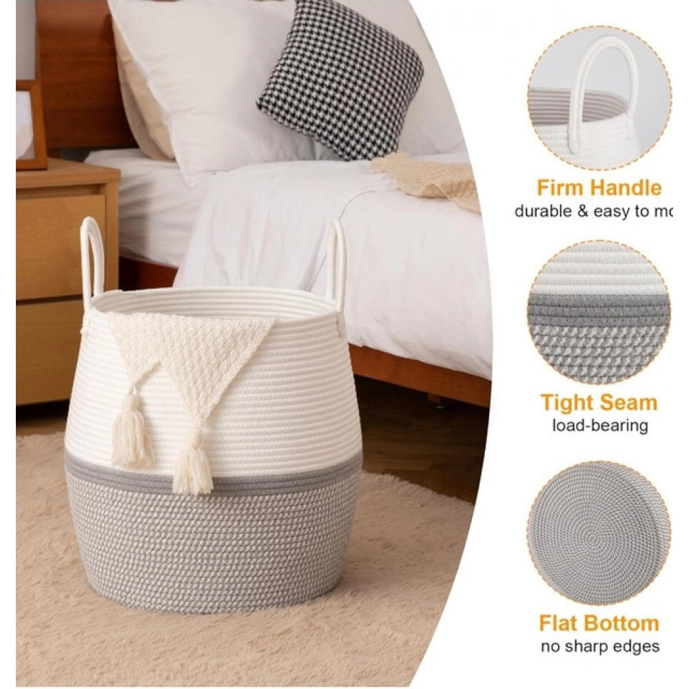 Amfyn Cotton Matka With Handle 14x12 Inch Storage Basket For Clothes With Out Lid (Gray-White)