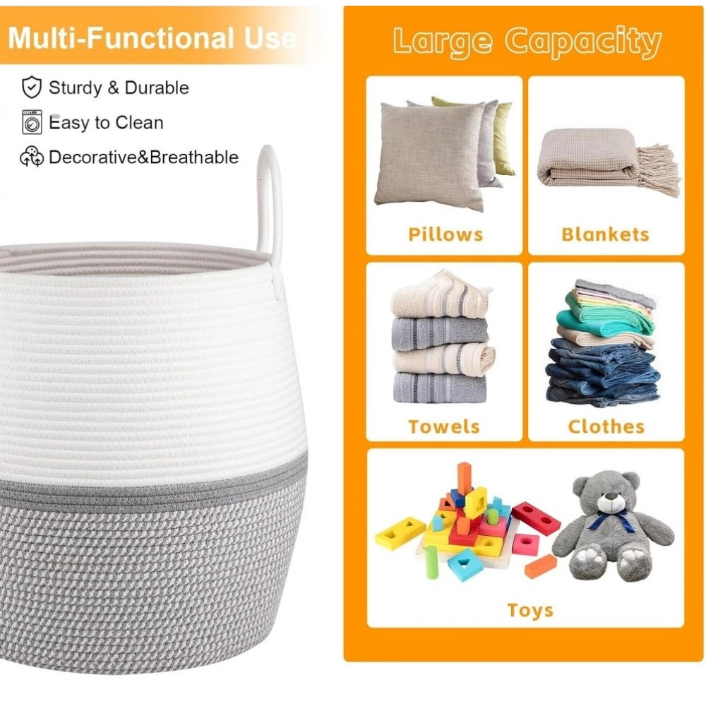 Amfyn Cotton Matka With Handle 14x12 Inch Storage Basket For Clothes With Out Lid (Gray-White)