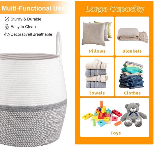 Amfyn Cotton Matka With Handle 14x12 Inch Storage Basket For Clothes With Out Lid (Gray-White)