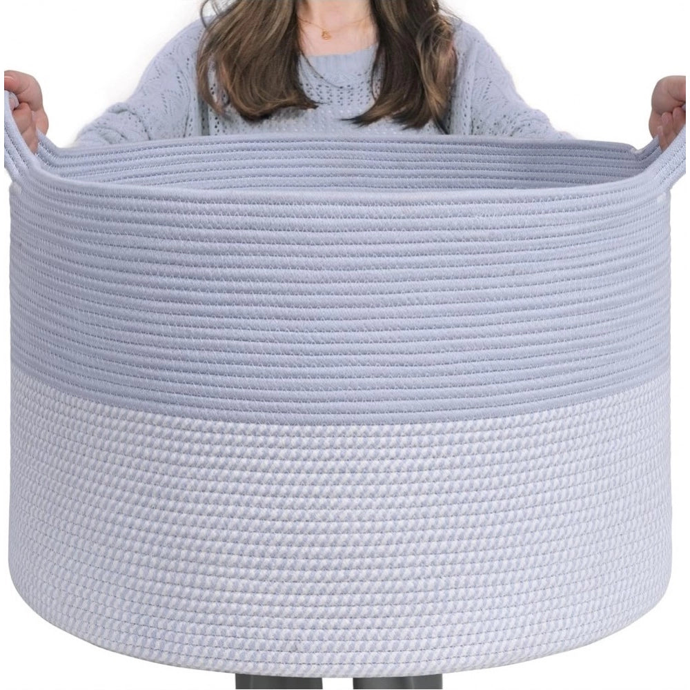 Amfyn Cotton Pack Of_1 16x14 Inch Storage Basket For Clothes With Out Lid (Blue-White)