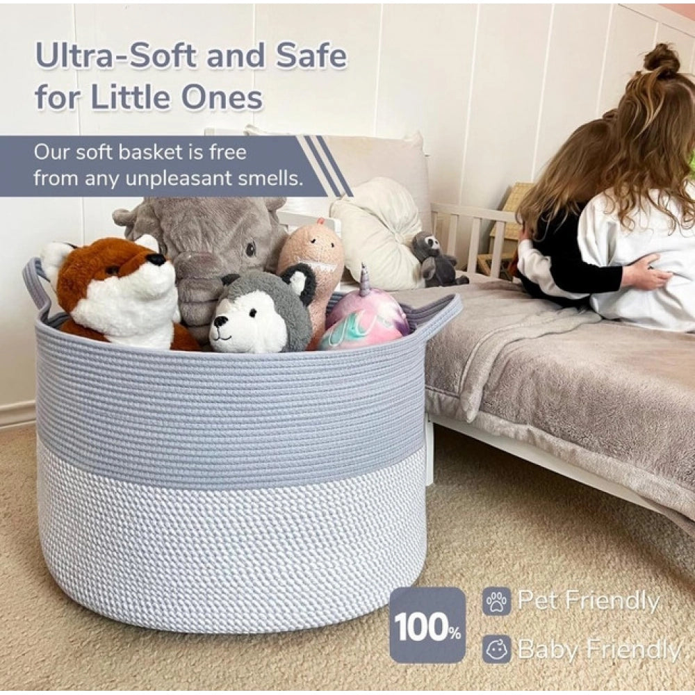 Amfyn Cotton Pack Of_1 16x14 Inch Storage Basket For Clothes With Out Lid (Blue-White)
