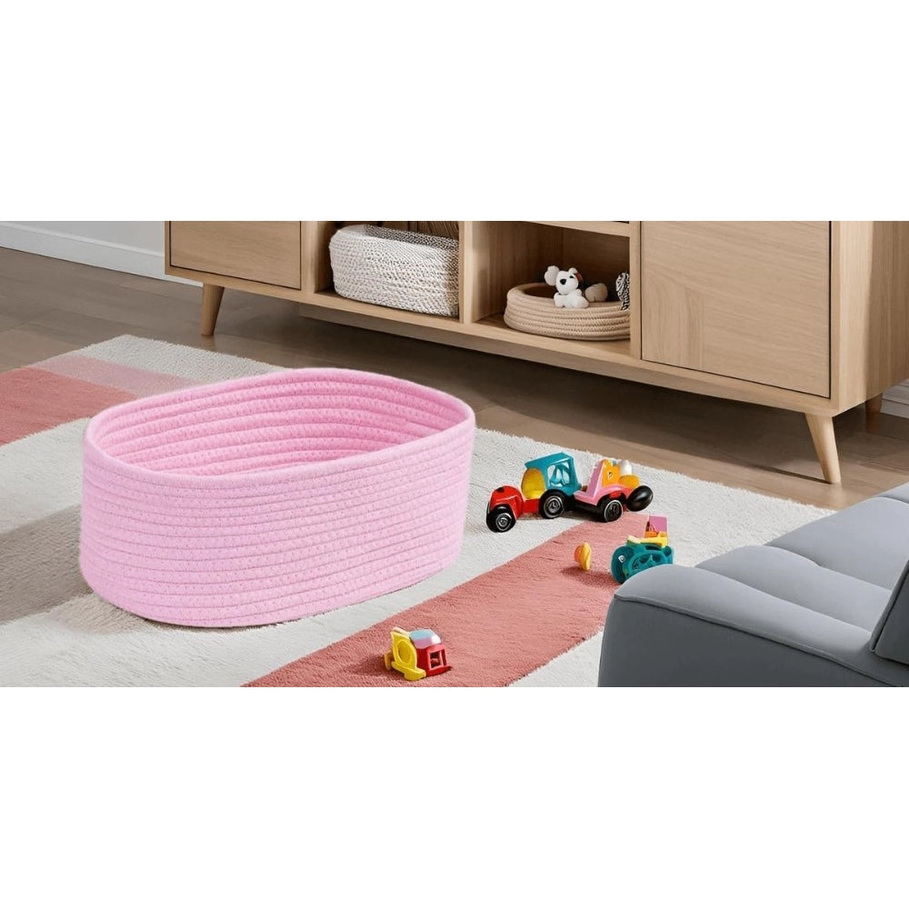 Amfyn Cotton Oval 10x7x5 Inch Bedside Organizer With Out Lid (Pink)