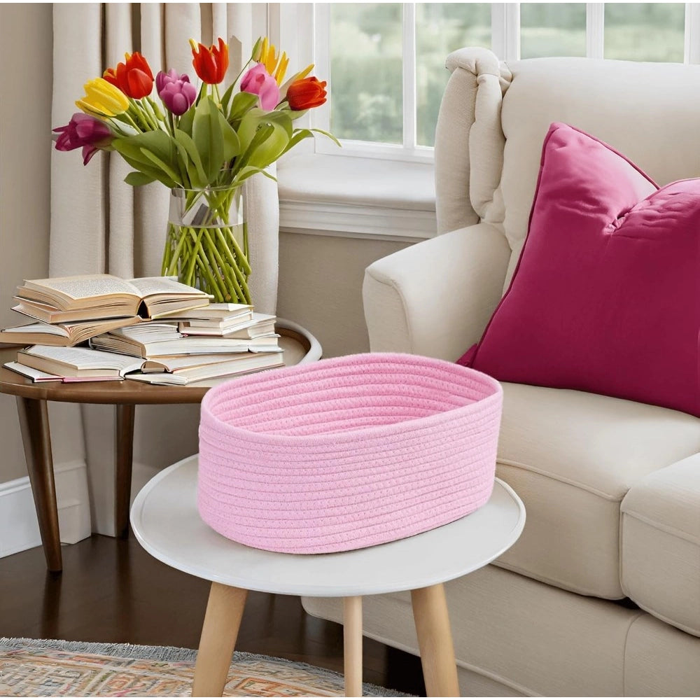 Amfyn Cotton Oval 10x7x5 Inch Bedside Organizer With Out Lid (Pink)