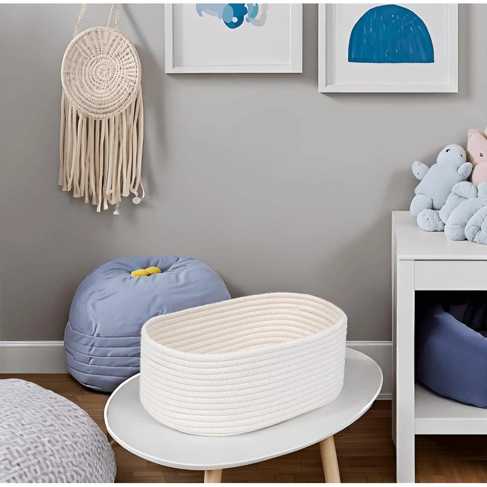 Amfyn Cotton Oval 10x7x5 Inch Bedside Organizer With Out Lid (White)