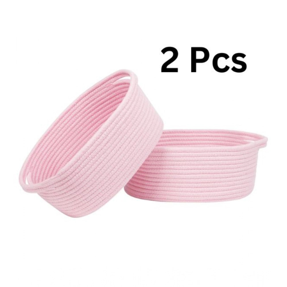 Amfyn Cotton 10x7x4 Inch2 Pcs Oval Storage Basket For Clothes (Pink)
