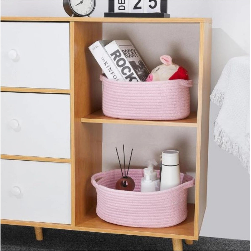 Amfyn Cotton 10x7x4 Inch2 Pcs Oval Storage Basket For Clothes (Pink)