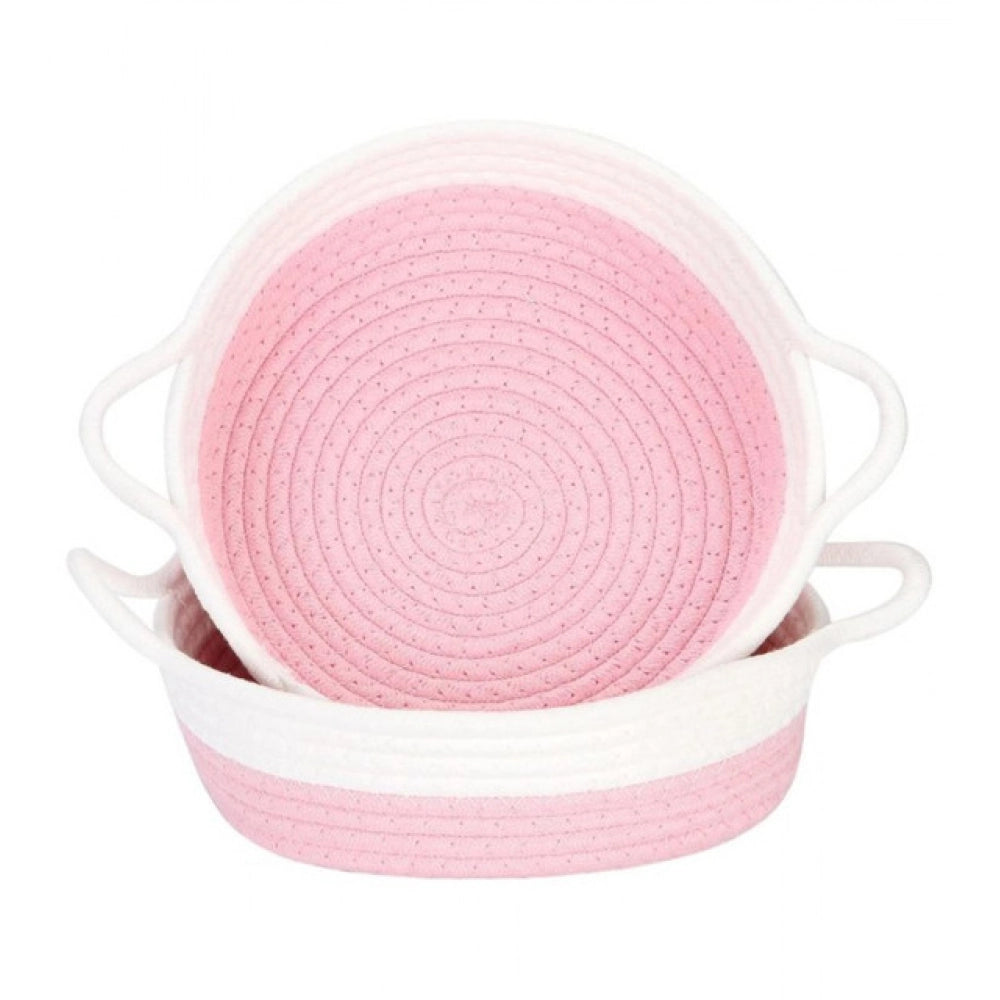 Amfyn Cotton White Basket 2 Pcs Storage Basket For Clothes (Pink-White)