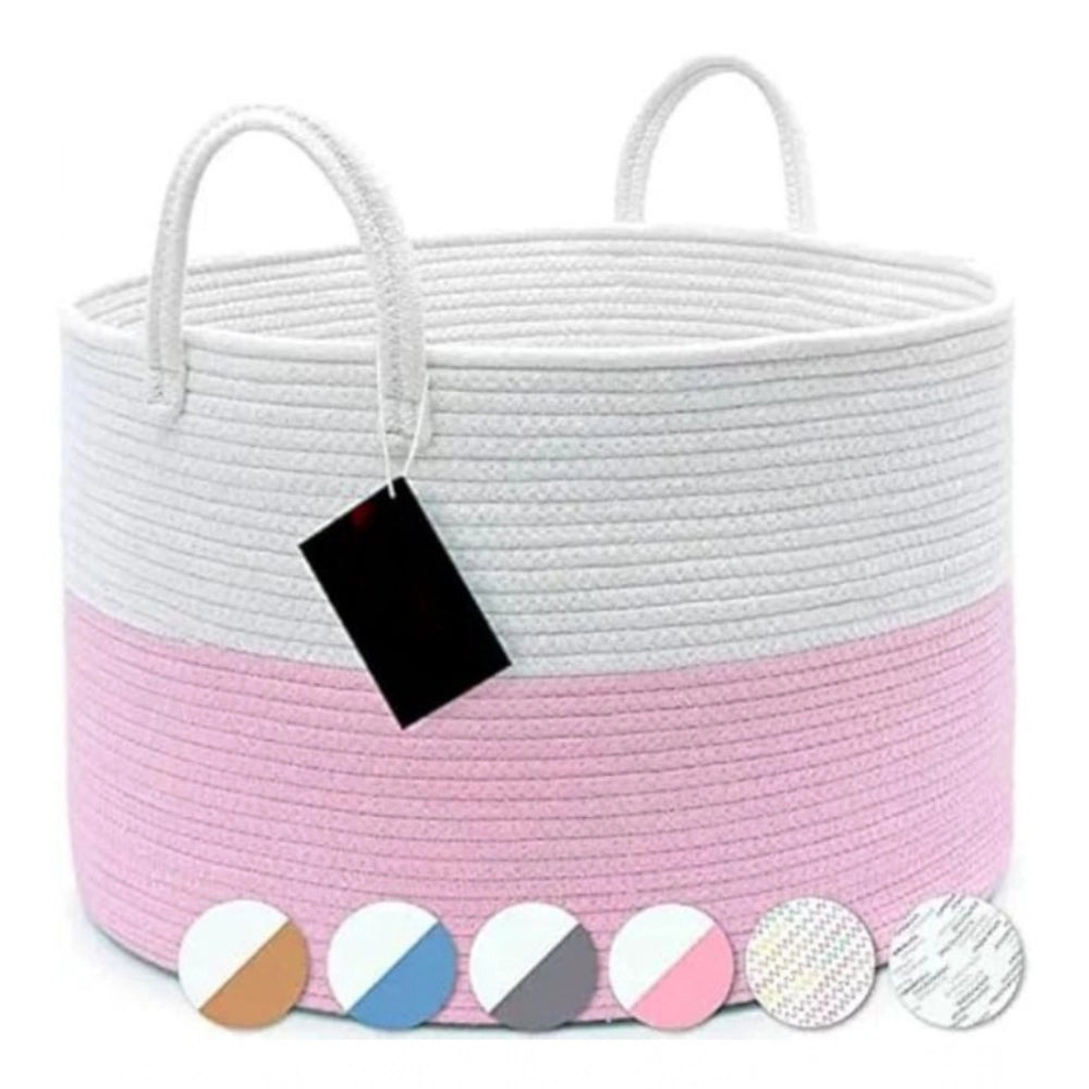 Amfyn Cotton Pack Of_1 14x12 Inch Laundry Storage Basket For Clothes (Pink-White)