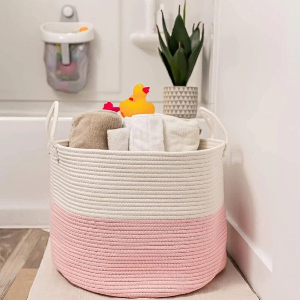Amfyn Cotton Pack Of_1 14x12 Inch Laundry Storage Basket For Clothes (Pink-White)