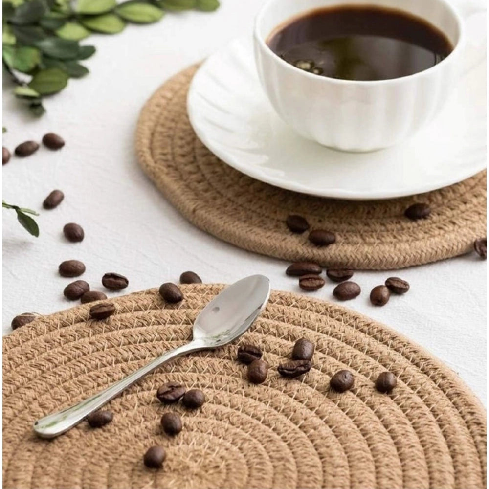 Amfyn Cotton Dining Table Round Placemat Mats Set of 4 (Beige)