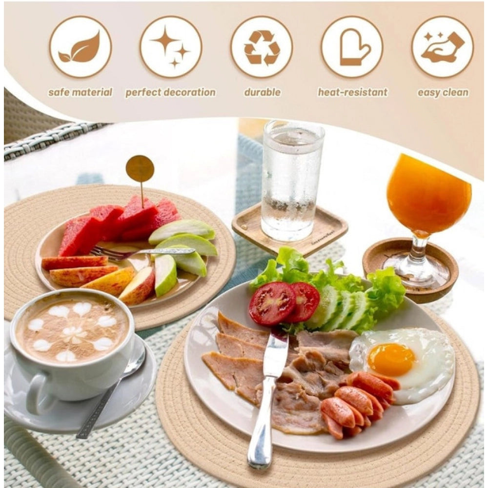 Amfyn Cotton Dining Table Round Placemat Mats Set of 4 (Cream)