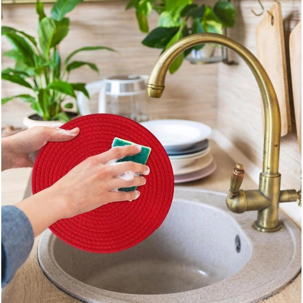 Amfyn Cotton Dining Table Round Placemat Mats Set of 4 (Red)