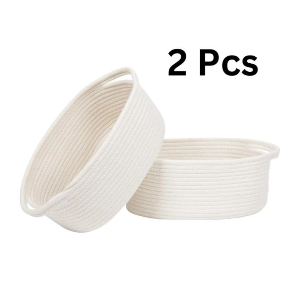 Amfyn Cotton 10x7x4 Inch2 Pcs Oval Storage Basket For Clothes (White)