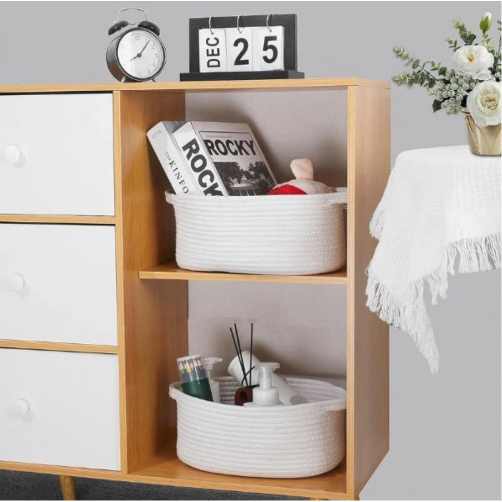 Amfyn Cotton 10x7x4 Inch2 Pcs Oval Storage Basket For Clothes (White)