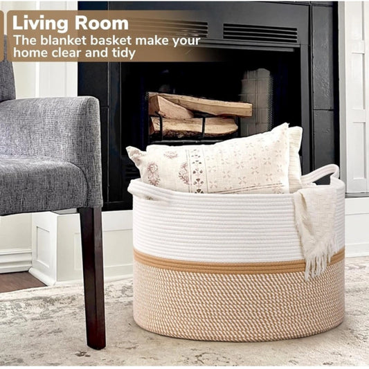 Amfyn Cotton Dori 16x14 Inch Storage Basket For Clothes With Out Lid (White-Beige-White)