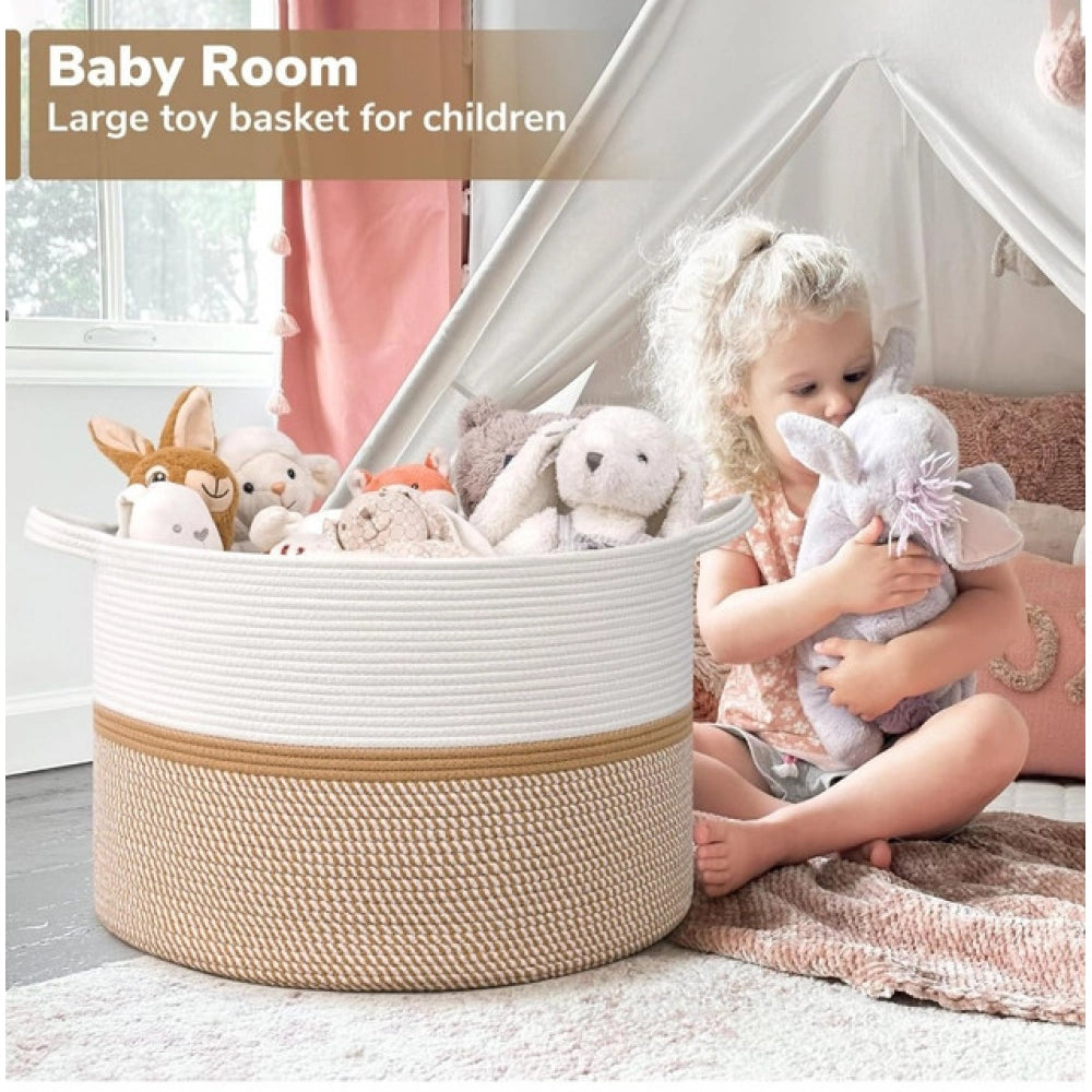 Amfyn Cotton Dori 16x14 Inch Storage Basket For Clothes With Out Lid (White-Beige-White)