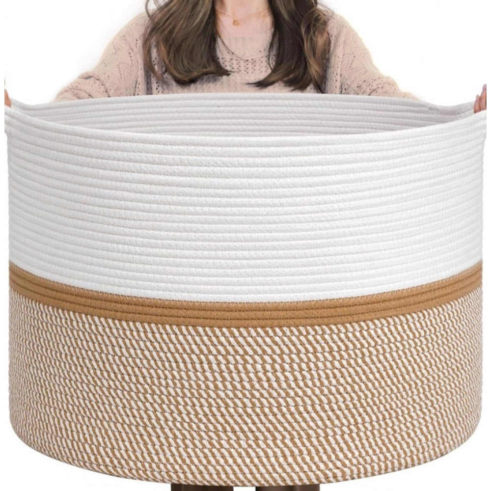 Amfyn Cotton Dori 16x14 Inch Storage Basket For Clothes With Out Lid (White-Beige-White)