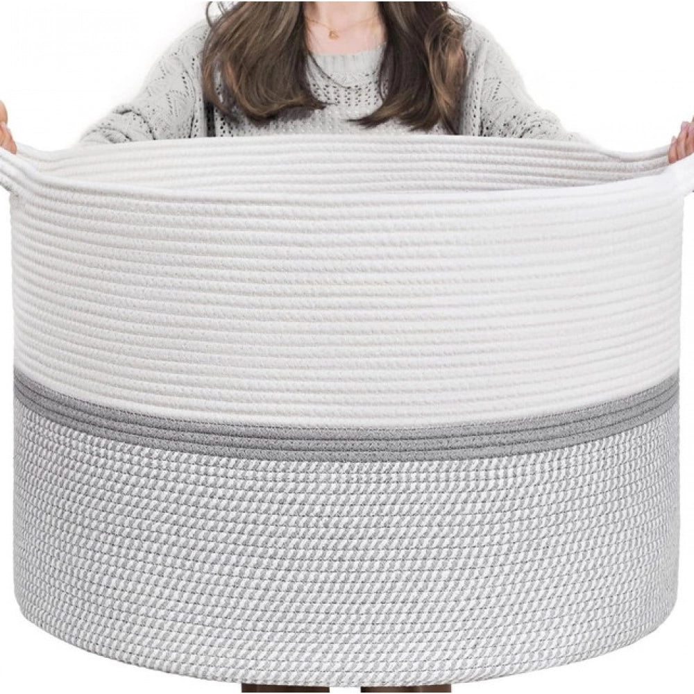 Amfyn Cotton Dori 16x14 Inch Storage Basket For Clothes With Out Lid (White-Gray-White)