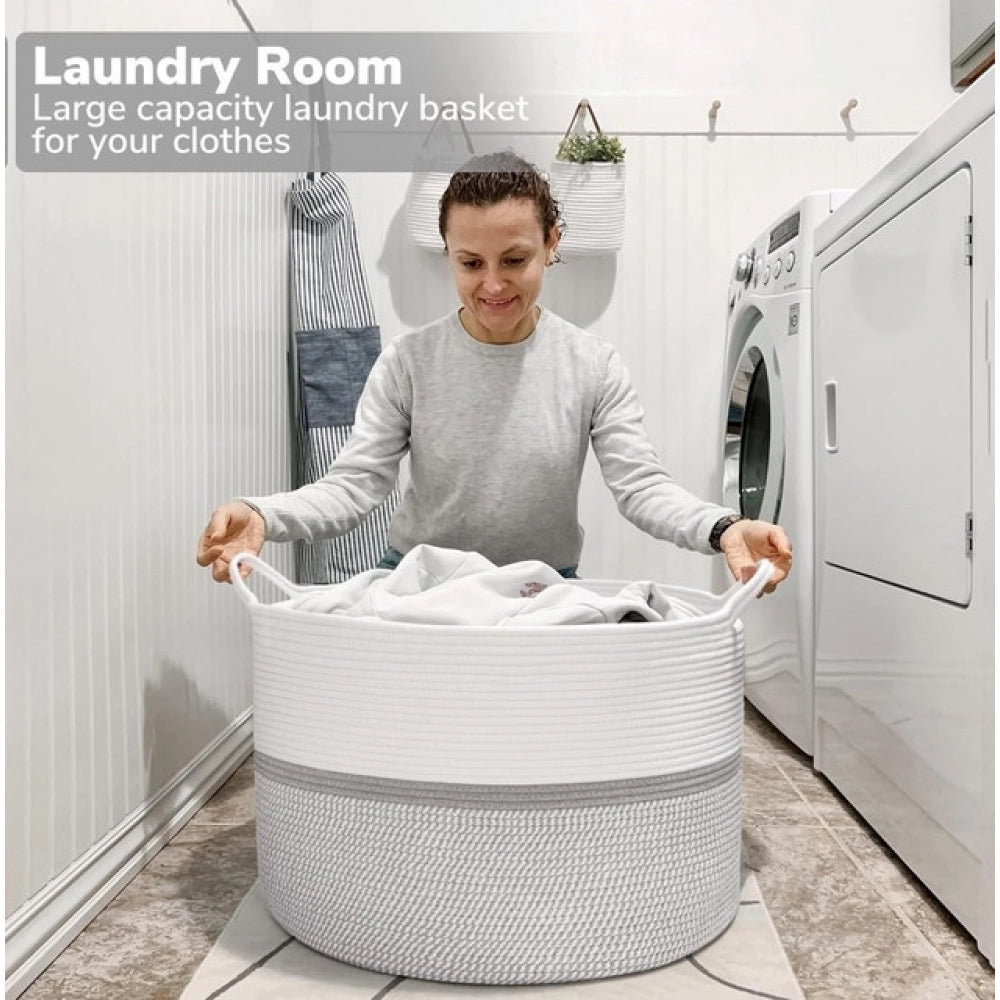 Amfyn Cotton Dori 16x14 Inch Storage Basket For Clothes With Out Lid (White-Gray-White)