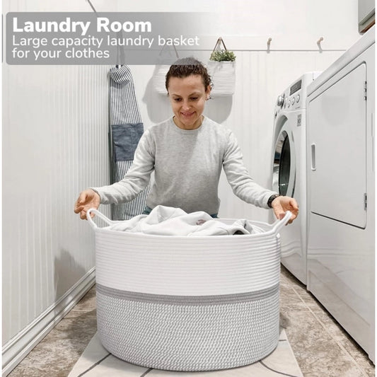 Amfyn Cotton Dori 16x14 Inch Storage Basket For Clothes With Out Lid (White-Gray-White)