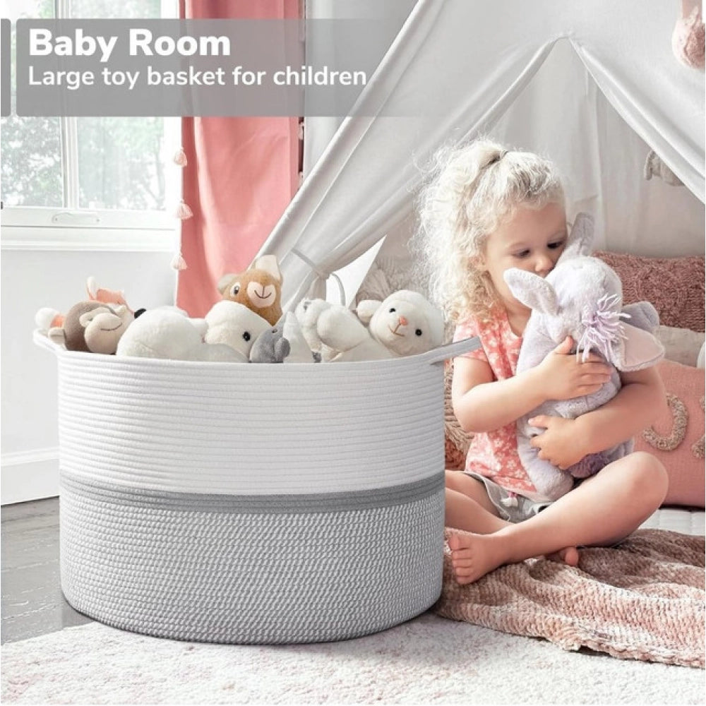 Amfyn Cotton Dori 16x14 Inch Storage Basket For Clothes With Out Lid (White-Gray-White)