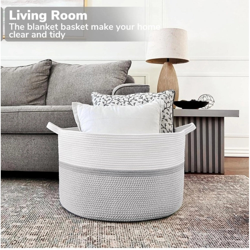 Amfyn Cotton Dori 16x14 Inch Storage Basket For Clothes With Out Lid (White-Gray-White)