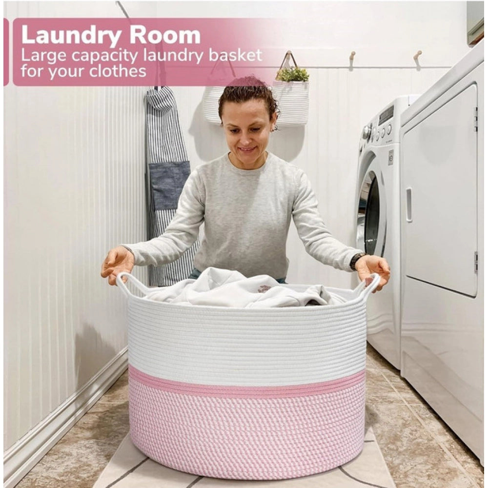 Amfyn Cotton Dori 16x14 Inch Storage Basket For Clothes With Out Lid (White-Pink-White)