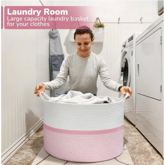 Amfyn Cotton Dori 16x14 Inch Storage Basket For Clothes With Out Lid (White-Pink-White)