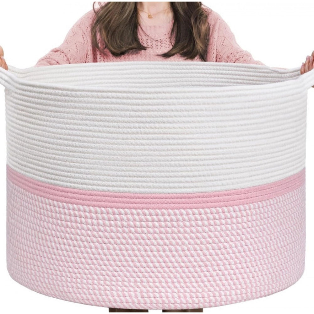Amfyn Cotton Dori 16x14 Inch Storage Basket For Clothes With Out Lid (White-Pink-White)
