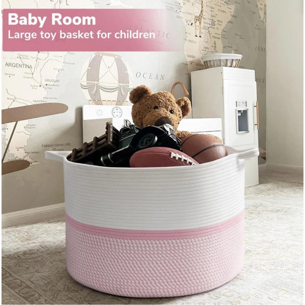 Amfyn Cotton Dori 16x14 Inch Storage Basket For Clothes With Out Lid (White-Pink-White)
