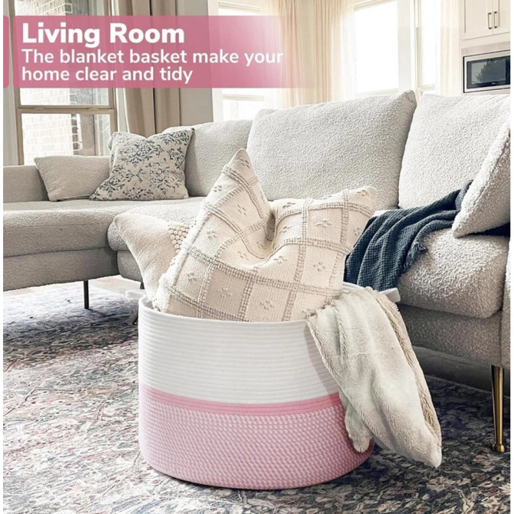 Amfyn Cotton Dori 16x14 Inch Storage Basket For Clothes With Out Lid (White-Pink-White)
