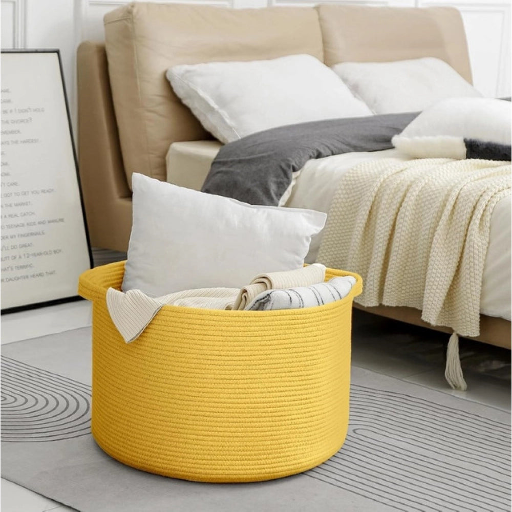 Amfyn Cotton Pack Of_1 14x12 Inch Storage Basket For Clothes With Out Lid (Yellow)