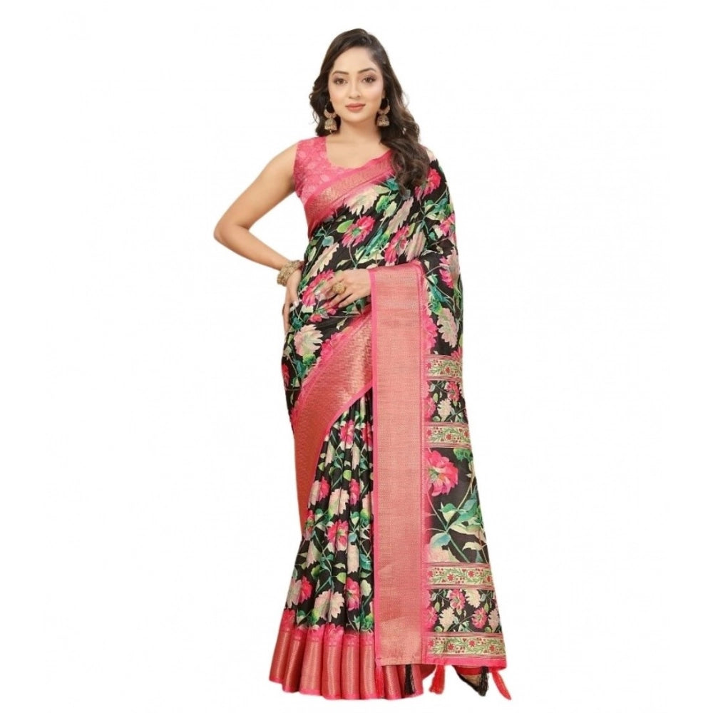 Amfyn Women's Cotton Silk Floral Printed Saree With Unstitched Blouse 5.5Mtr (Black)