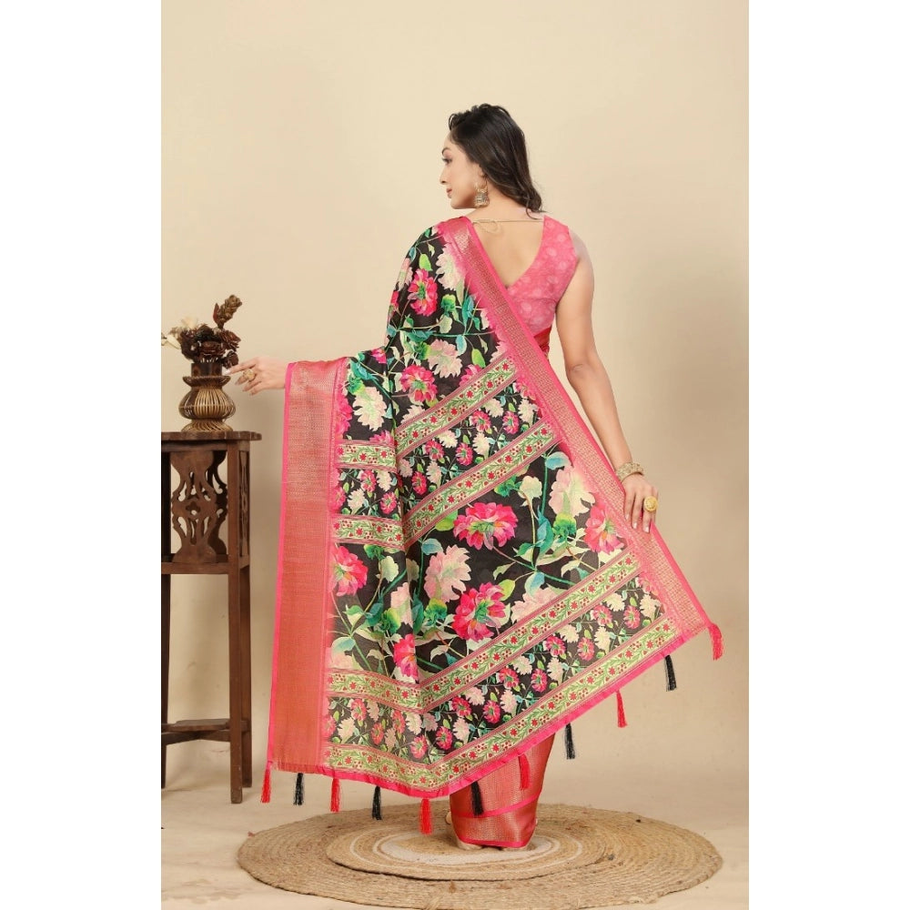 Amfyn Women's Cotton Silk Floral Printed Saree With Unstitched Blouse 5.5Mtr (Black)
