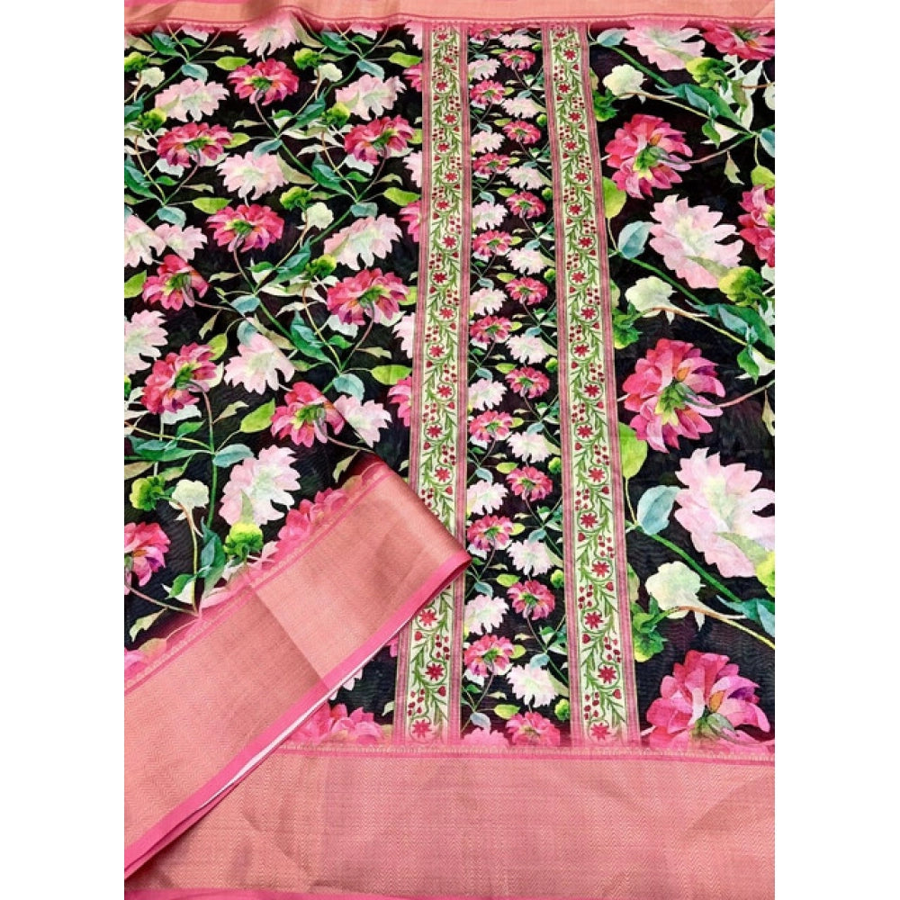 Amfyn Women's Cotton Silk Floral Printed Saree With Unstitched Blouse 5.5Mtr (Black)